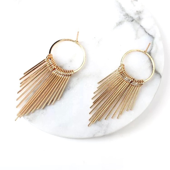Gold Hoop Earrings Circle Ring Tassel Dangle Drop - Picture 7 of 9